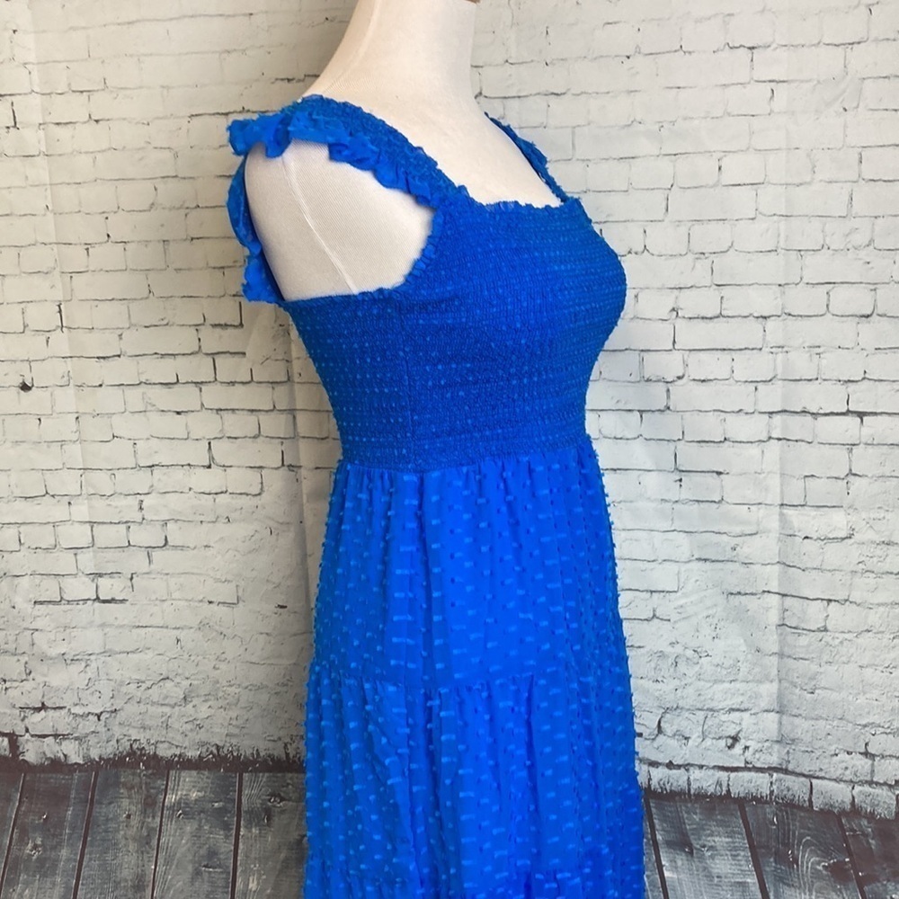 Alice+Olivia KIZZIE SMOCKED FLUTTER SLEEVE TIERED MAXI DRESS SZ 2 Blue Feminine - Picture 11 of 16